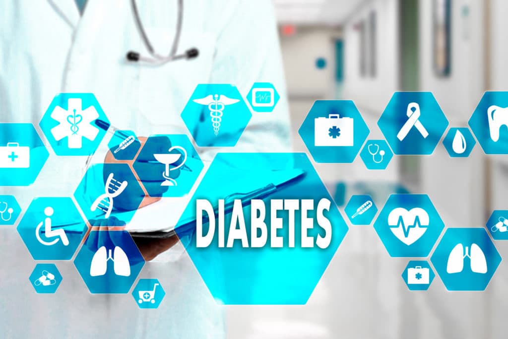 Medical Doctor with Diabetes icon in Medical network connection on the virtual screen on hospital. Technology and medicine concept.