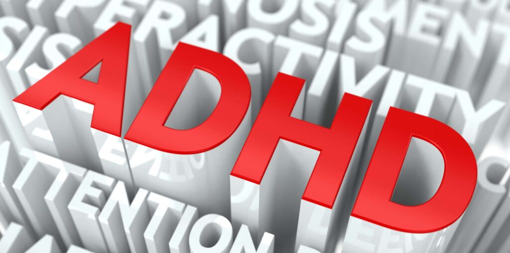 ADHD Concept. The Word of Red Color Located over Text of White Color.