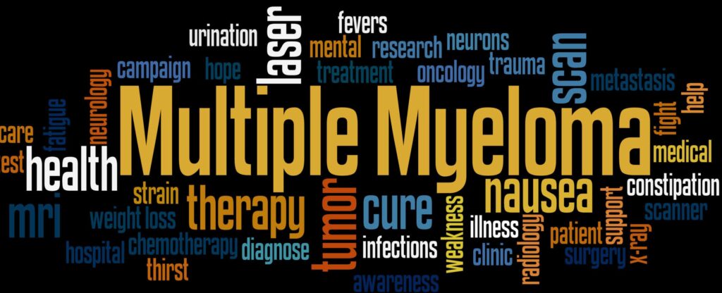 Multiple myeloma word cloud concept on black background.