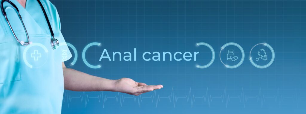 Anal cancer. Doctor stretches out hand. Interface with text that says anal cancer