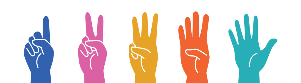 Five step disability review process. Five human hands showing five steps