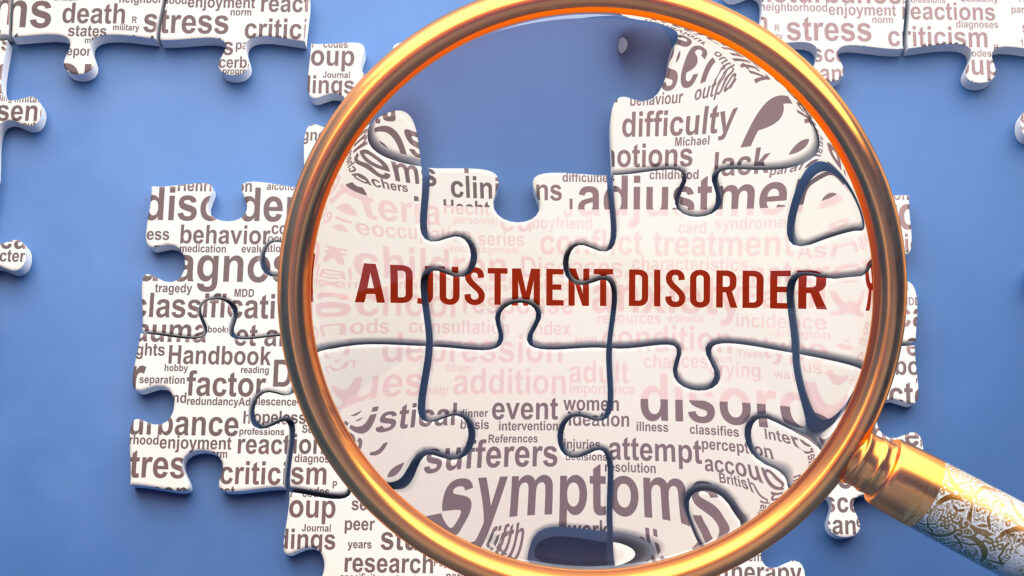 Adjustment disorder as a complex topic under close inspection. Complexity shown as puzzle pieces with dozens of ideas and concepts correlated to Adjustment disorder,3d illustration