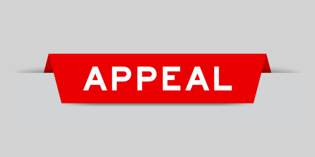 appeal to the appeals council - Red color inserted label with word appeal on gray background