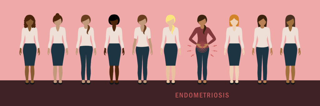 one in ten women has endometriosis illustration of different women one with abdominal pains