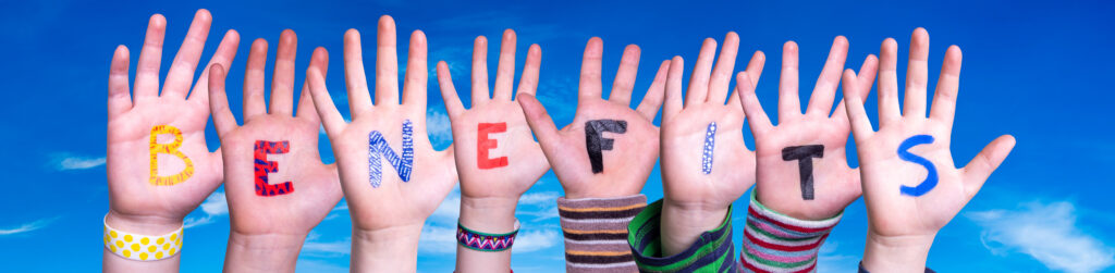 Children BENEFITS Hands Building Colorful Word Benefits. Blue Sky As Background