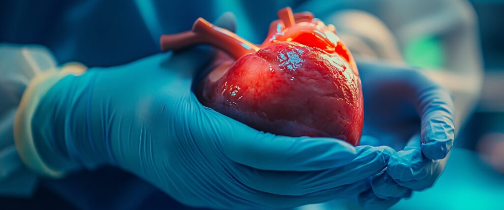 heart transplant - Close-up of a cardiac surgeon's hands holding a beating heart during transplant, focus on the pulsating organ and gloved fingers, blurred heart-lung machine in background, high-key