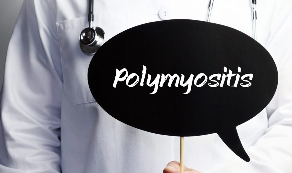 Polymyositis. Doctor with stethoscope holds speech bubble in hand. Text is on the sign. Healthcare, medicine
