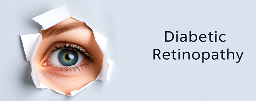 diabetic retinopathy Woman`s eye looking trough teared hole in paper, eye test with words Diabetic Retinopathy on right. Eye disease concept template. Grey background.