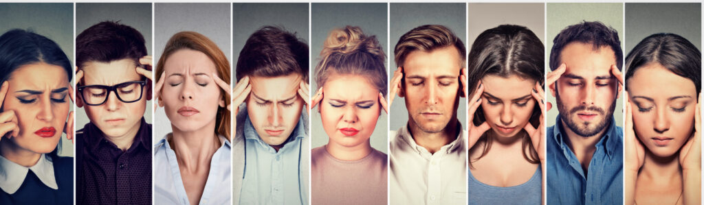 Group of stressed people having headache disorders